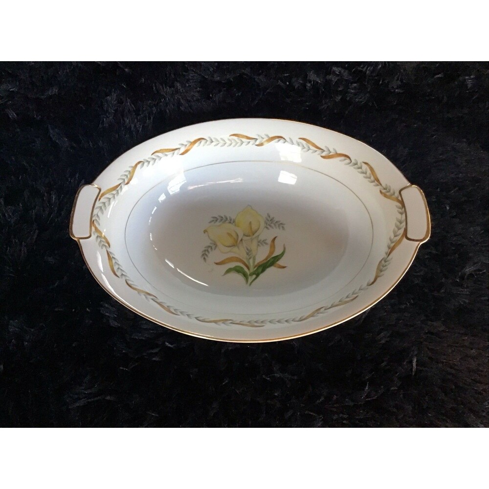 Aichi China Occupied Japan Oval Serving Bowl Yellow Calla Lilly Gold Trim